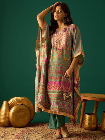 Kaftan-Style Kurta With A V-Neck, Paired With Solid Ankle-Length Trousers For A Relaxed Yet Elegant Look